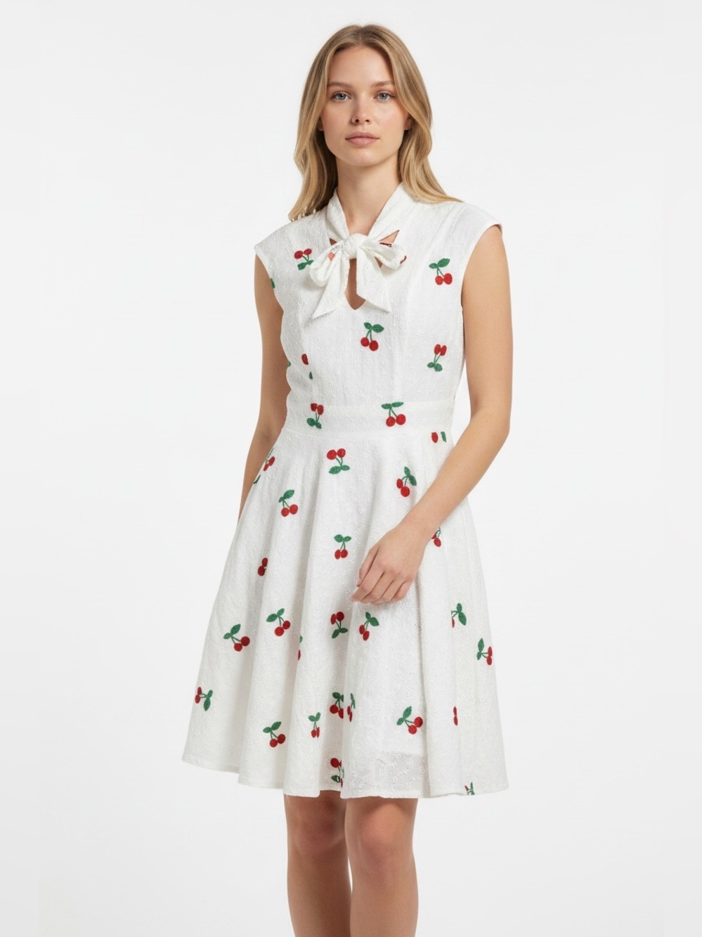 Magnolia  Place White Cherry-Print Tie-Neck Midi Dress